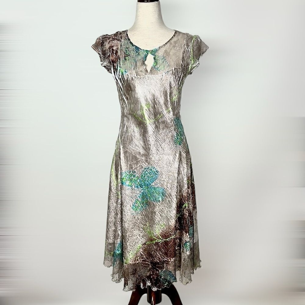 Komarov Signature Crinkle Shiny Dress Butterfly Print Fit & Flare Cap Sleeves L